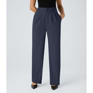 Halara Flex High Waisted Zipper Pocket Shirred Straight Leg Work Pants Navy XL P